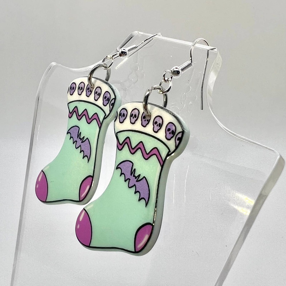 Christmas Earrings - Pastel Blue Halloween Themed Christmas Stocking Earrings - Picture 3 of 7